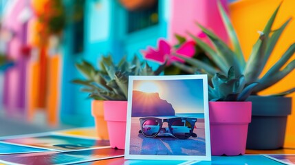 A photo of a pair of sunglasses is displayed in a pink pot. The photo is of a beach scene with the sun shining brightly. Scene is relaxed and carefree