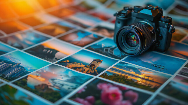 A camera is placed on a table with a bunch of pictures. The pictures are of various landscapes and scenes, and the camera is positioned in the middle of them. Scene is that of a creative