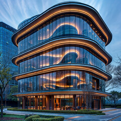 Modern office building at dusk, Chicago, Illinois, United States.
