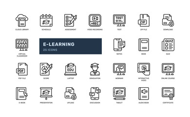 E Learning education school online course college detailed outline line icon set