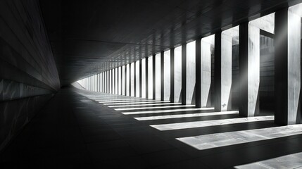 A long, narrow hallway with a lot of light shining through the windows. The light casts shadows on the walls and floor, creating a sense of depth and movement. The hallway is empty