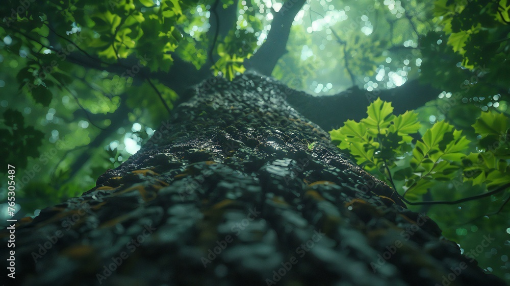 Poster a tree trunk is shown in a forest with leaves and branches. the tree is tall and has a lot of leaves