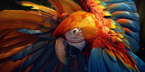 Obraz premium beautiful parrot with golden, blue and red feathers, generative AI