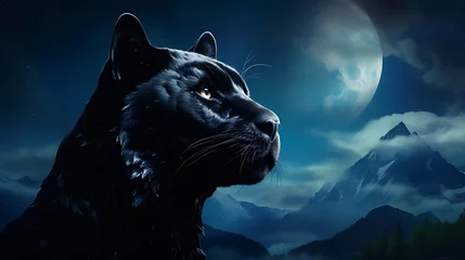 Foto op Plexiglas Majestic Black Panther Silhouetted Against Moonlit Night Sky, Exuding Power and Grace in the Enchanting Glow of the Moon's Radiance © Being Imaginative