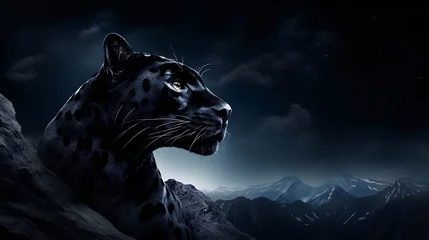 Tuinposter Majestic Black Panther Silhouetted Against Moonlit Night Sky, Exuding Power and Grace in the Enchanting Glow of the Moon's Radiance © Being Imaginative