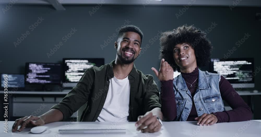 Leinwandbilder Software developer, virtual screen and people smile for HTML script, cybersecurity system or problem solving solution. Night programmer teamwork, discussion and coding server, database or AI code