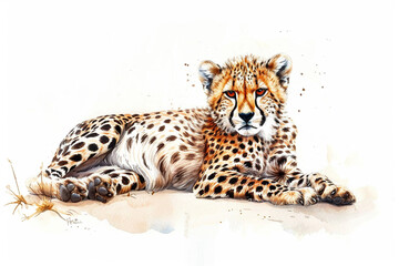 A Cheetah cute hand draw watercolor white background. Cute animal vocabulary for kindergarten children concept.