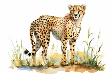 A Cheetah cute hand draw watercolor white background. Cute animal vocabulary for kindergarten...