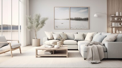 Interior composition of modern trending living room inspired by aesthetic palette 