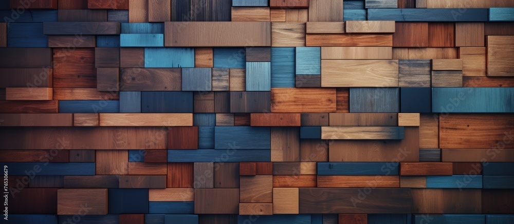 Aufkleber a wall constructed with blocks of wood in different colors