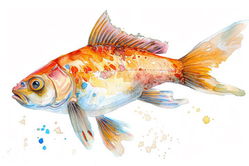A Fish cute hand draw watercolor white background. Cute animal vocabulary for kindergarten children...