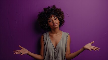 A beautiful woman with dark skin and curly hair looks confused and doubtful as she spreads her hands - obrazy, fototapety, plakaty