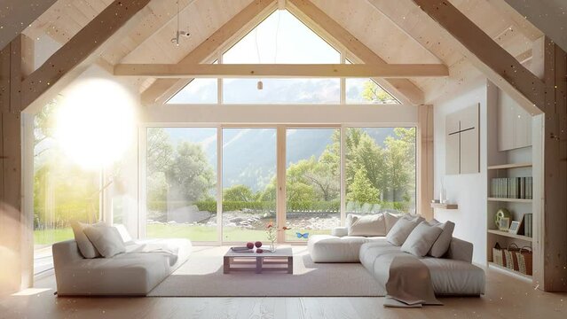 living room of luxury eco house parquet floor. seamless looping overlay 4k virtual video animation background