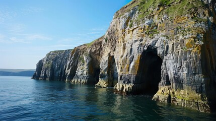 Fototapeta premium A rugged coastline with sea caves carved into towering cliffs, hidden gems of the shoreline