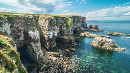 A rugged coastline with sea caves carved into towering cliffs, hidden gems of the shoreline