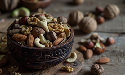 Variety of mixed nuts in a carved wooden bowl on rustic table. Healthy snacks and food ingredients concept.