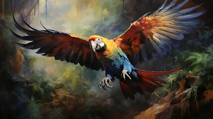 Graceful Parrot Soars with a Mesmerizing Trail of Feathers, Capturing the Beauty and Freedom of...