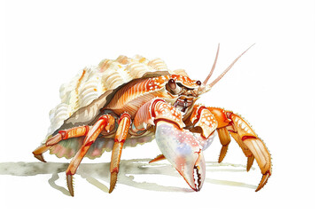 A Hermit Crab cute hand draw watercolor white background. Cute animal vocabulary for kindergarten children concept.