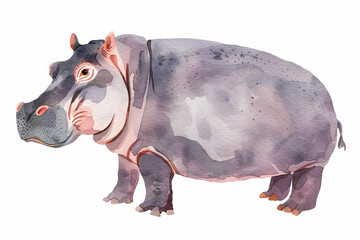 A Hippopotamus cute hand draw watercolor white background. Cute animal vocabulary for kindergarten children concept.
