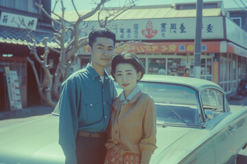 架空の古い昭和時代／旅行中の男女 - obrazy, fototapety, plakaty