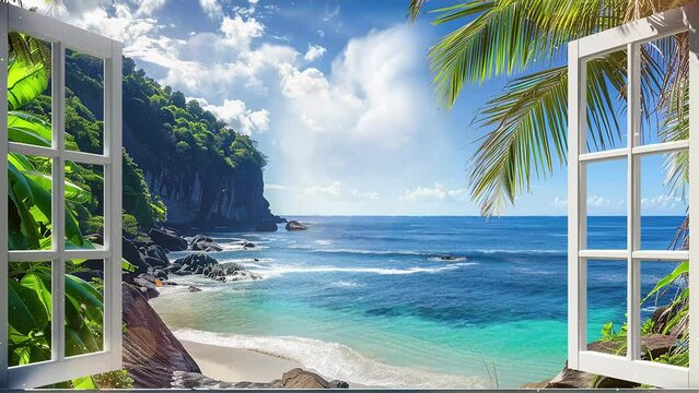 view from open window tropical landscape with ocean. seamless looping overlay 4k virtual video animation background