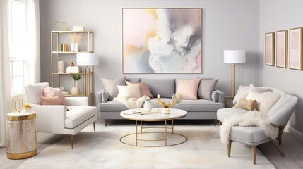 Interior composition of modern trending living room inspired by aesthetic palette 
