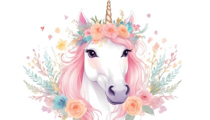 Bright beautiful spring lovely cute fairy magical colorful unicorn with eyelashes in the floral tender crown vector illustration Perfect for greeting cards, textile, backgrounds