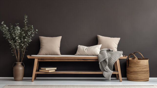 A wooden bench with a gray cushion and a white pillow, a gray throw blanket, and a plant in a vase next to it.