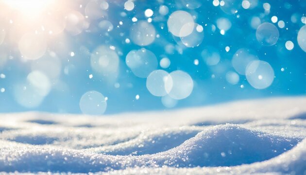 winter snow background with snowdrifts with beautiful light and snow flakes on the blue sky beautiful bokeh circles banner format copy space