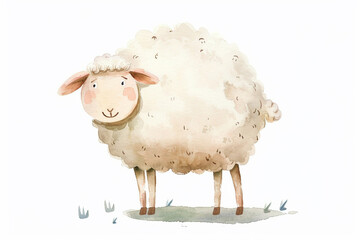 A Sheep cute hand draw watercolor white background. Cute animal vocabulary for kindergarten...