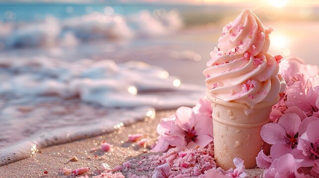 Ice creams on beach and shells with ocean landscape