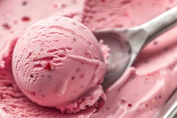 spoon taking out a scoop of strawberry ice cream making motion and black background