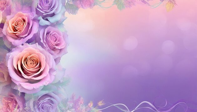 dreamy purple gradient background with roses flowers merging in a pastel colored flower composition floral border frame and copy space template banner