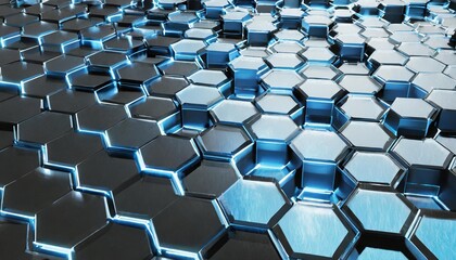 glowing black blue hexagons background pattern on metal surface 3d rendering
