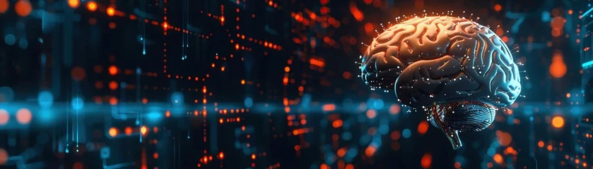 Foto op Plexiglas Artificial Intelligence and Human Kel oldugENA, digital brain in the background, glowing lights, futuristic technology concept, dark blue background with orange  © BOMB8