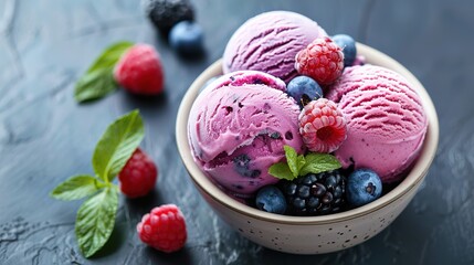 Vanilla ice cream scoops with fresh berries on the concrete dark background - 765309825