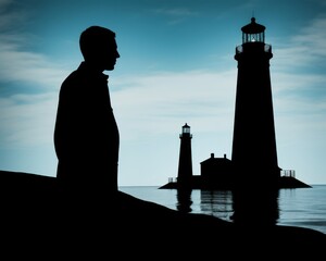 The figures silhouettes mirror the lighthouses striking profile