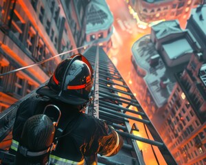A firefighter climbing a ladder to reach a high floor