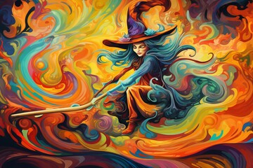 A witch riding a broomstick with incredible agility her silhouette against a backdrop of swirling colors