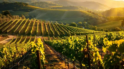 Fotobehang A sun-drenched vineyard with rows of grapevines stretching across sloping hillsides © Photock Agency