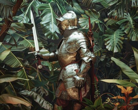 A super realistic depiction of a medieval warrior in aluminum armor blending seamlessly into a vibrant tropical jungle backdrop from the 1100s