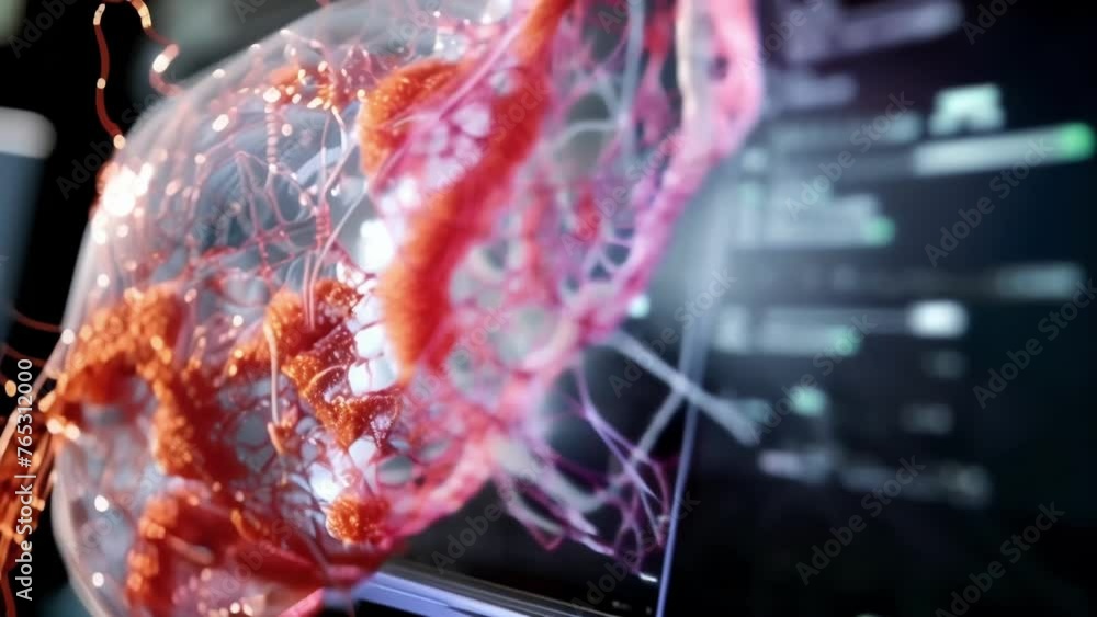 Poster on a computer screen a 3d model of a human organ rotates showing the intricate network of vessels an