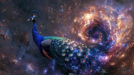 A peacock displaying its feathers which mimic the appearance of a spiral galaxy