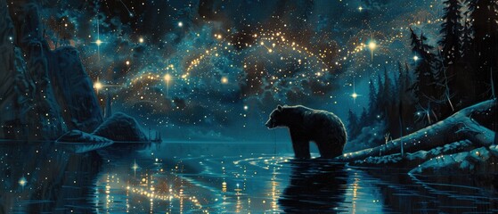 A solitary bear fishing in a cosmic river with the water reflecting the constellations above - obrazy, fototapety, plakaty