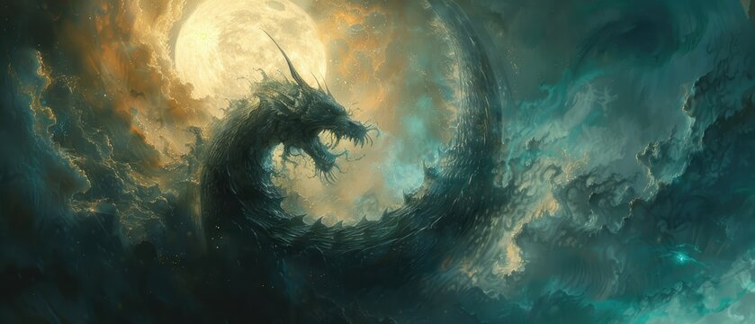 A mythical dragon coiled around a moon guarding the secrets of the universe