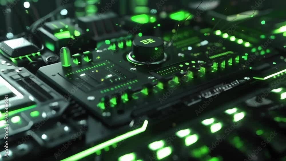 Poster the glowing neon green keyboard of a cybernetic gaming setup with lightningfast response times and c