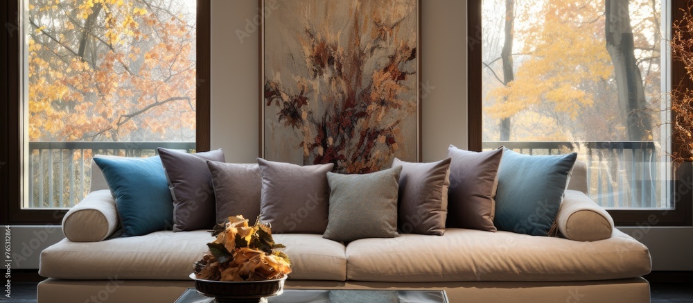 Poster an elegant sofa adorned with soft cushions and a vase of flowers sits in front of a window, creating