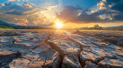 A cracked earth landscape under a scorching sun, visualizing the severe effects of prolonged droughts due to global warming - obrazy, fototapety, plakaty