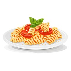 spaghetti on a plate. spaghetti tomatoes, onions isolated on white background