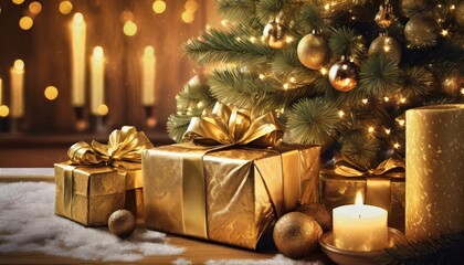 Fototapeta na wymiar a christmas background image featuring gold wrapped presents a christmas tree and candlelight creating a rich and festive ambiance photorealistic illustration